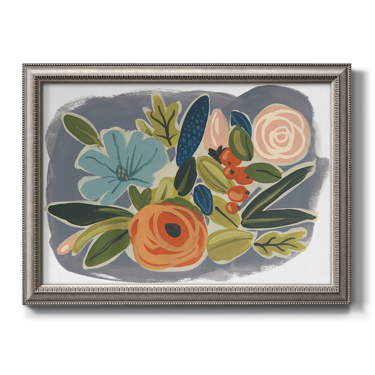 Bold modern botanical illustration printed on canvas in an ornate vintage silver frame.