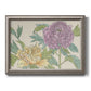 Contemporary peony flower illustration printed on canvas in an ornate vintage silver frame.
