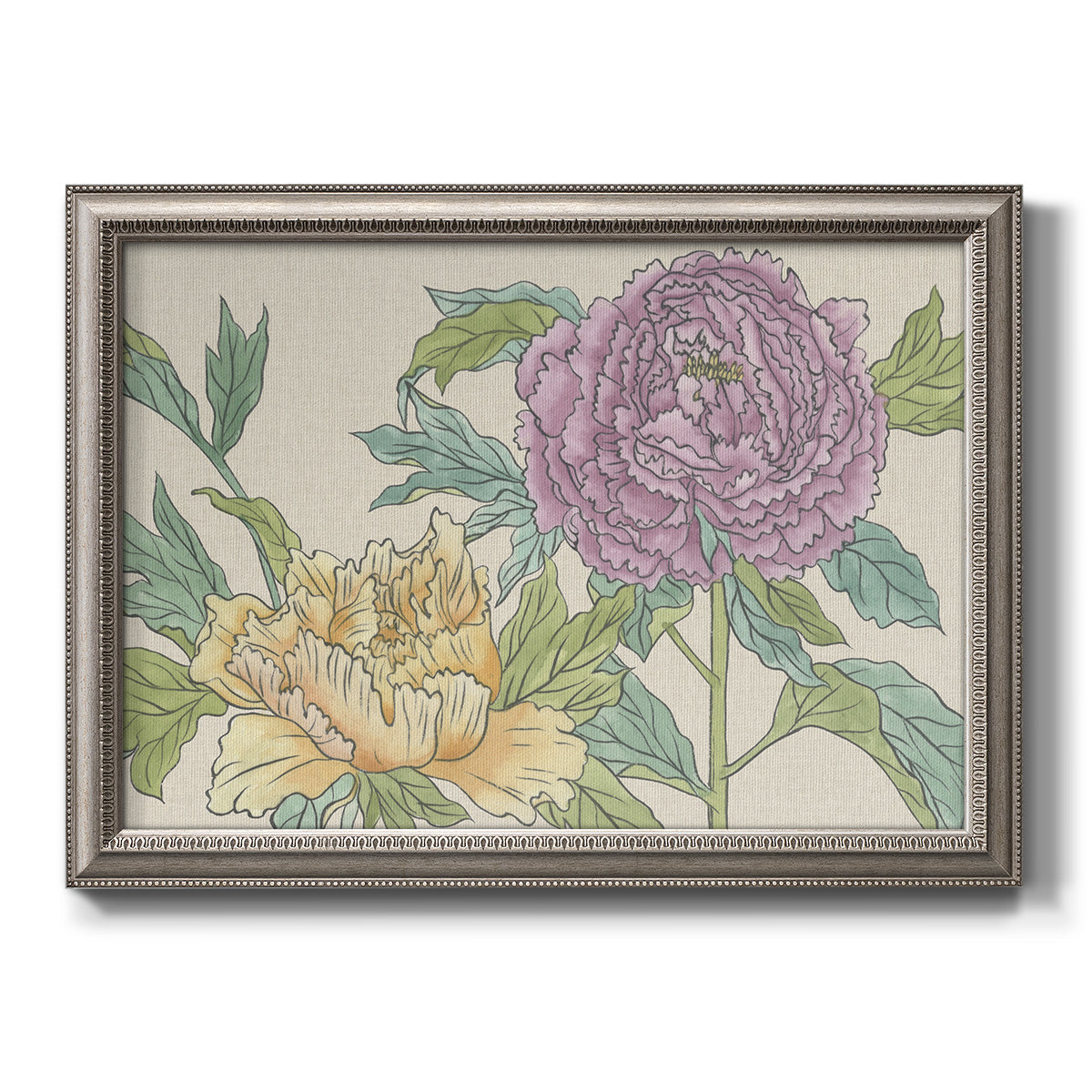 Contemporary peony flower illustration printed on canvas in an ornate vintage silver frame.