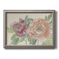 Modern peony floral drawing printed on canvas in an ornate vintage silver frame.