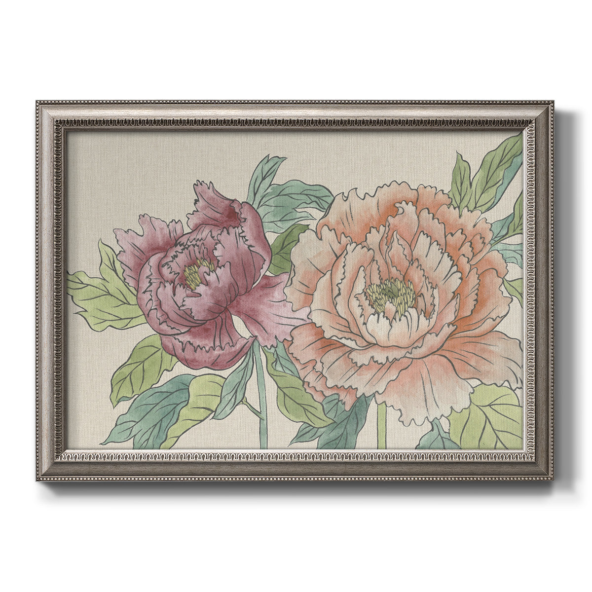 Modern peony floral drawing printed on canvas in an ornate vintage silver frame.