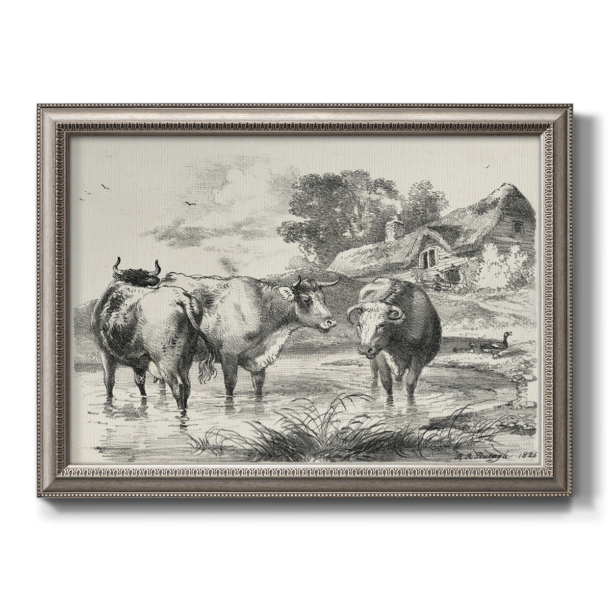 Classical rural landscape artwork by Nicolas Berchem printed on canvas in an ornate vintage silver frame.