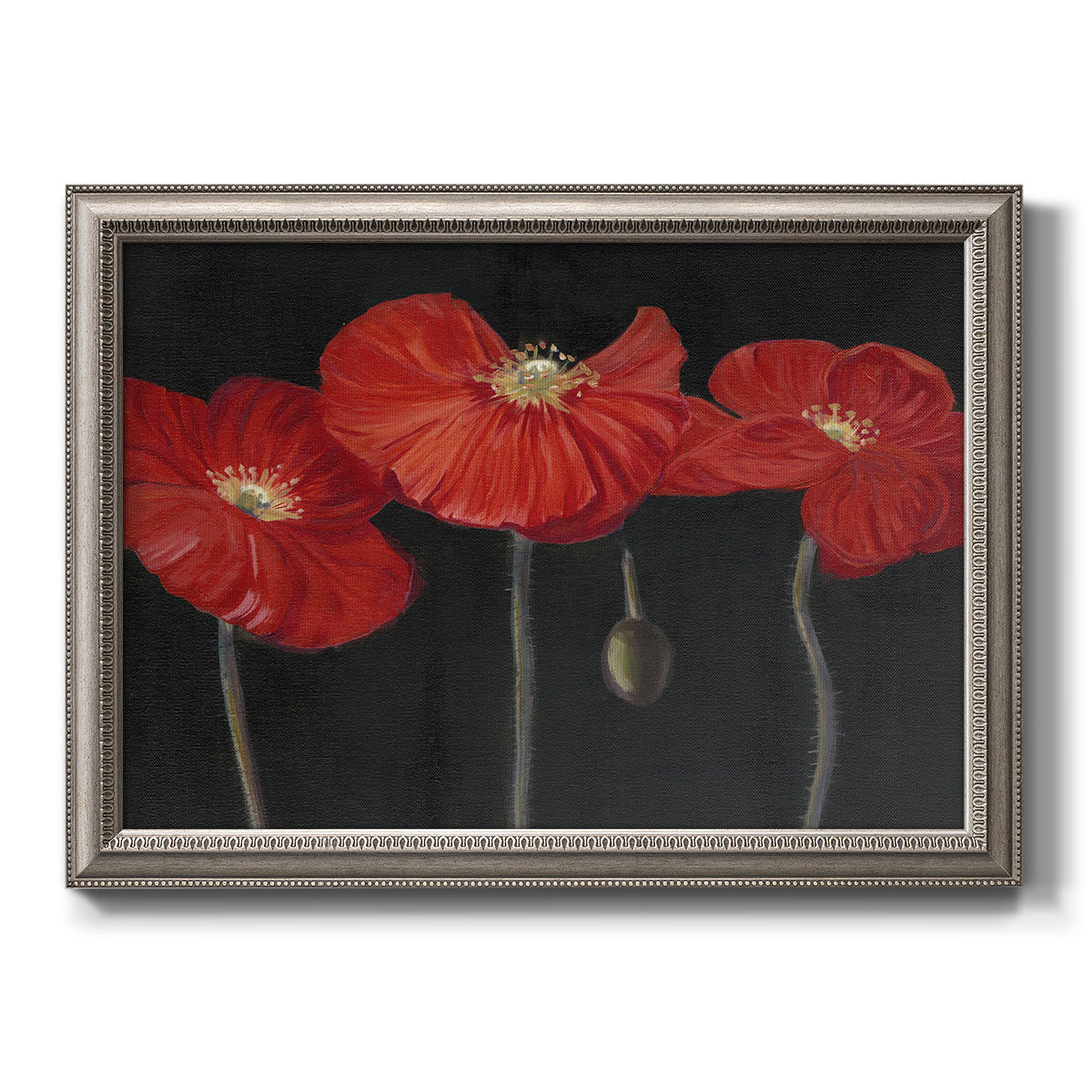 Modern red poppy floral artwork printed on canvas in an ornate vintage silver frame.