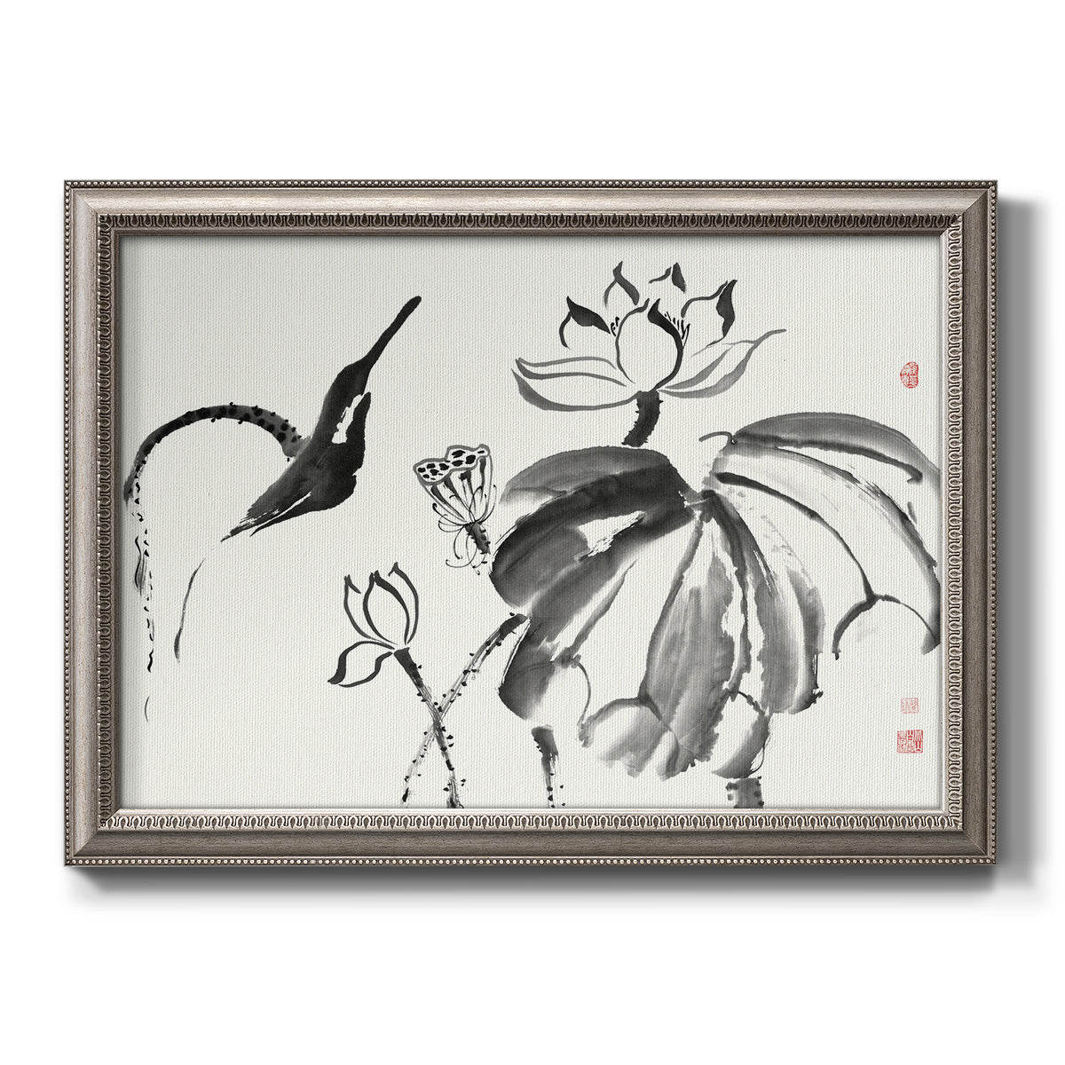 Asian-inspired lotus flower illustration printed on canvas in an ornate vintage silver frame.