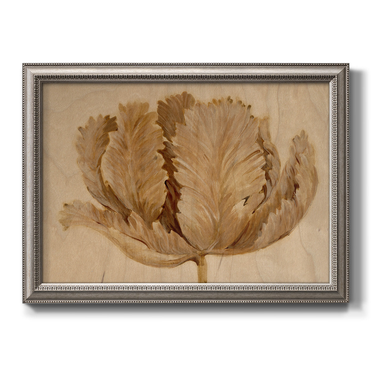Monochrome sepia tulip flower printed on canvas in an ornate vintage silver frame.