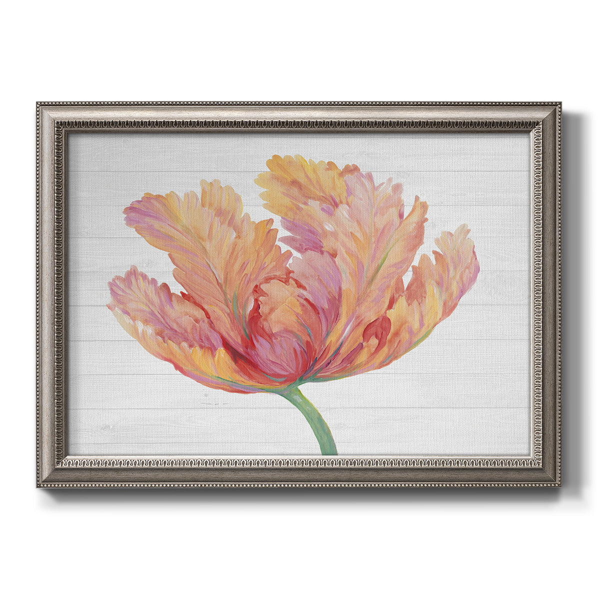 Modern minimalist pink floral artwork printed on canvas in an ornate vintage silver frame.