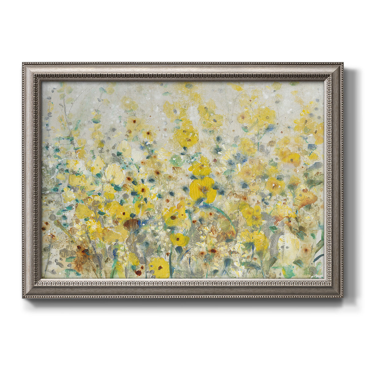 French country floral garden artwork printed on canvas in an ornate vintage silver frame.