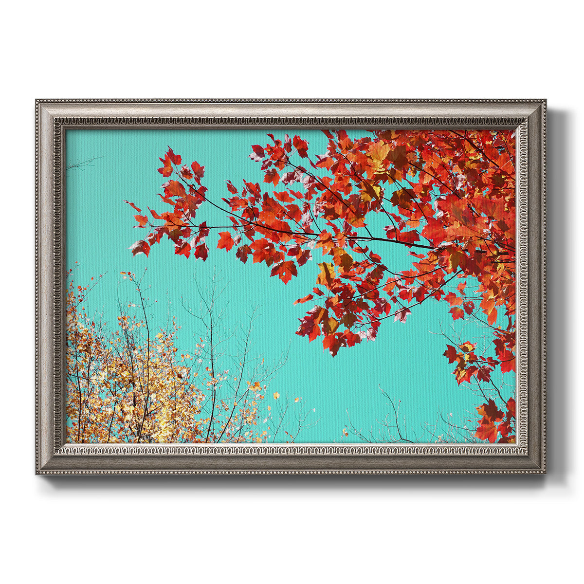 Red autumn leaves against a blue sky printed on canvas in an ornate vintage silver frame.