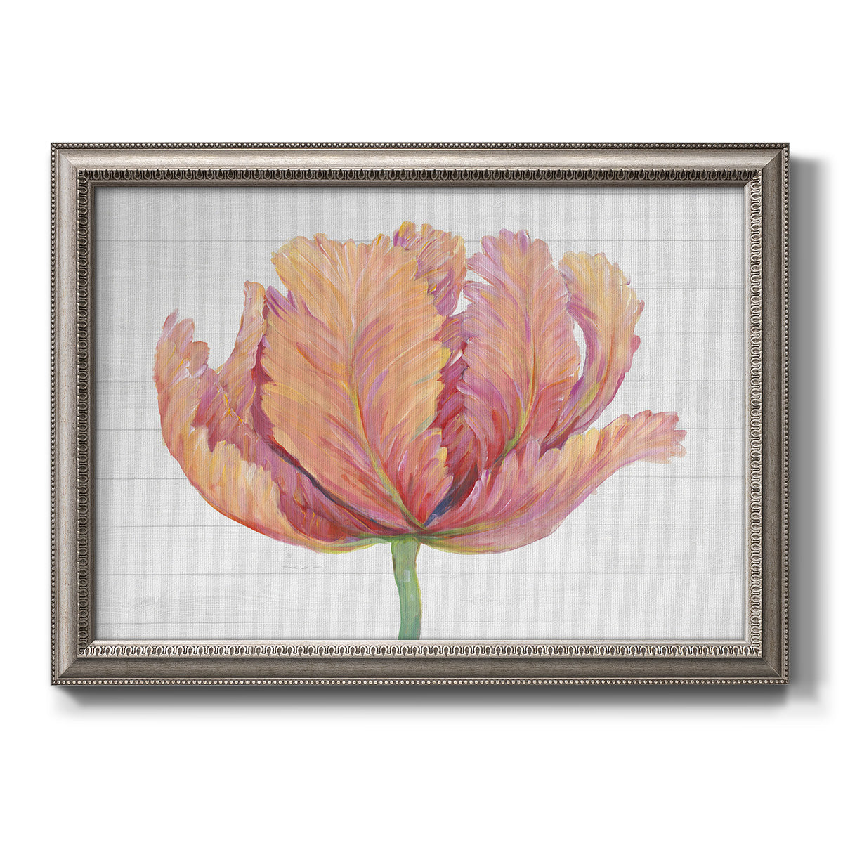 Minimalist pink flower abstract artwork printed on canvas in an ornate vintage silver frame.