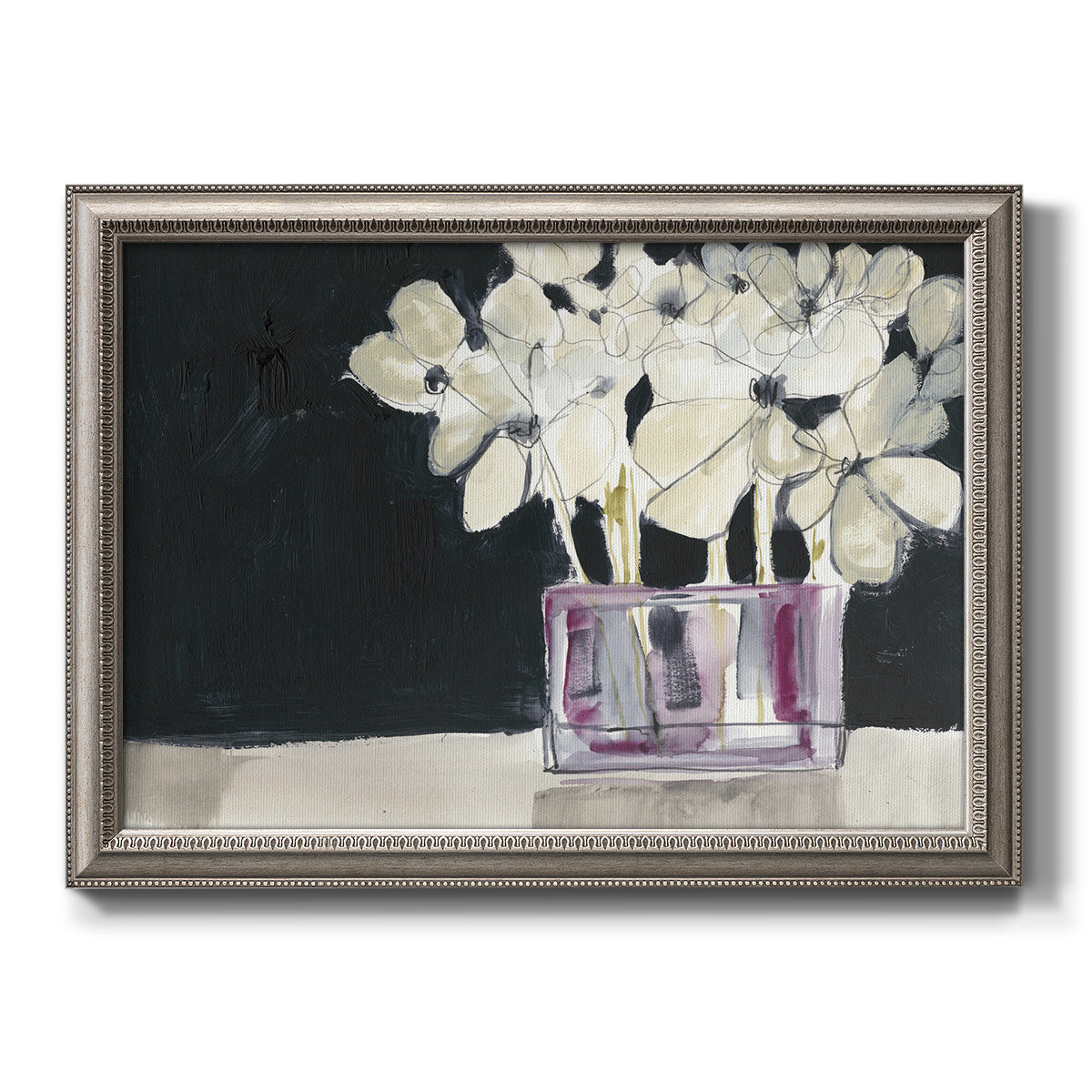 Modern abstract white floral watercolor artwork printed on canvas in an ornate vintage silver frame.