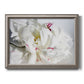White peony close-up photography printed on canvas in an ornate vintage silver frame.