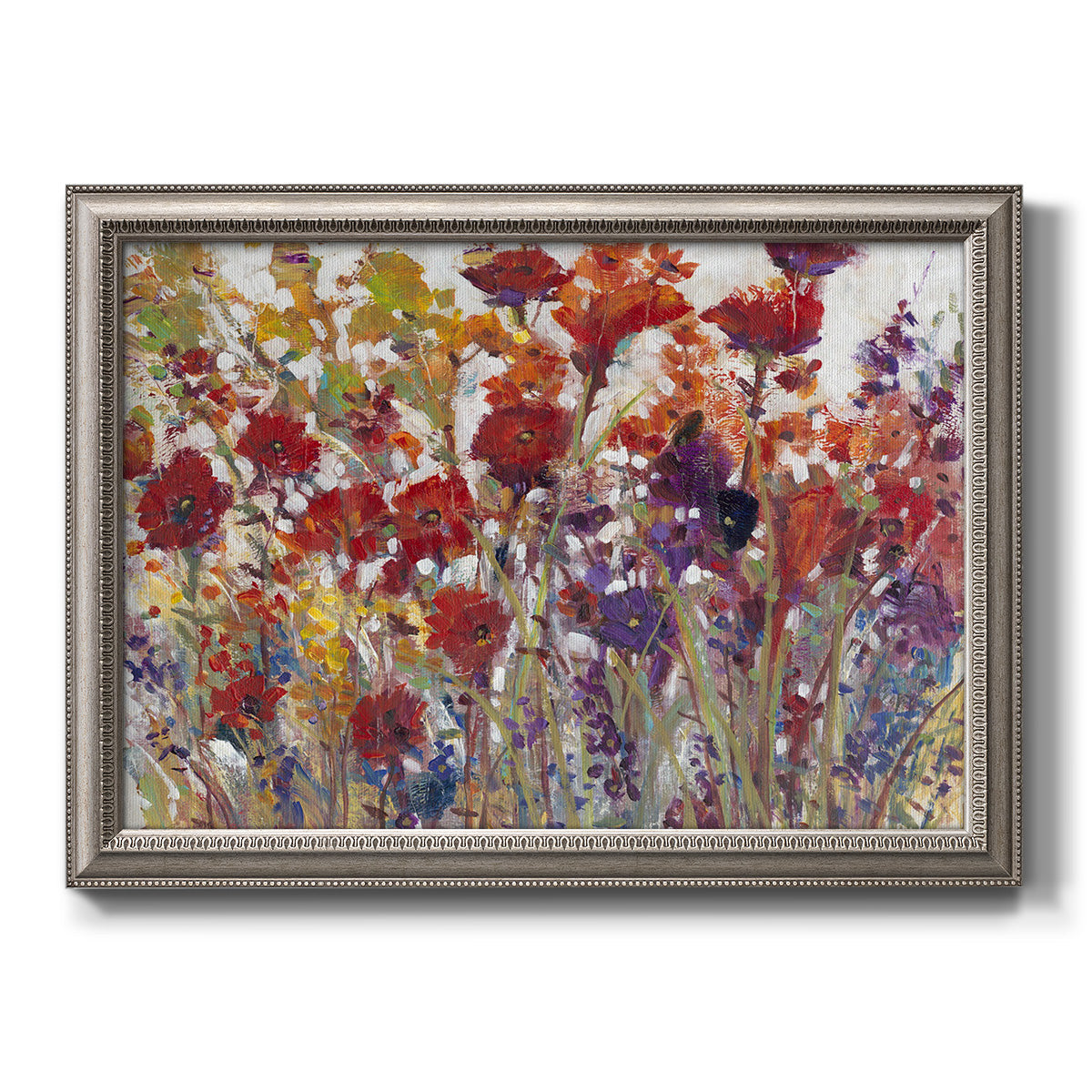 French country floral bouquet painting printed on canvas in an ornate vintage silver frame.