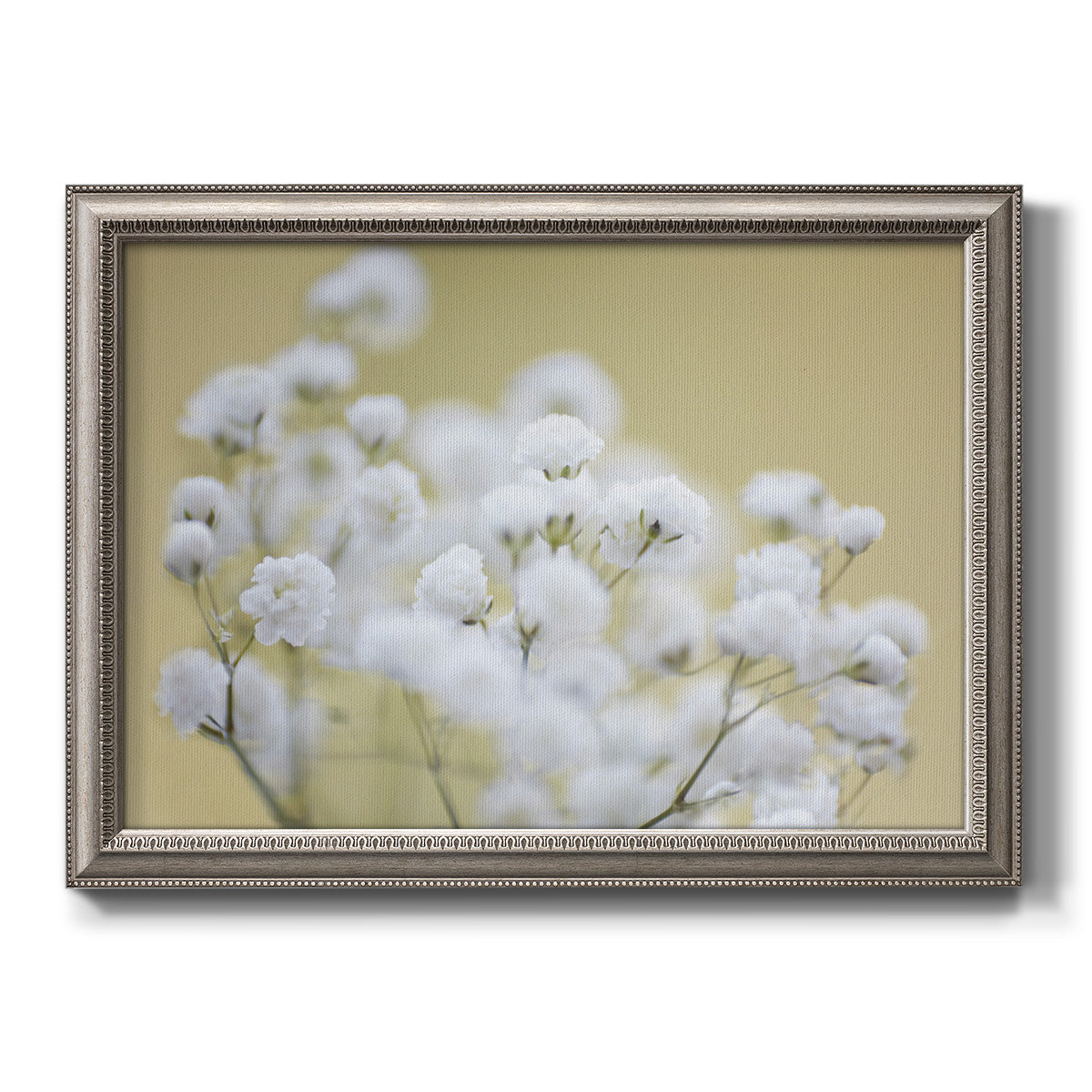 Minimal floral baby’s breath photography printed on canvas in an ornate vintage silver frame.