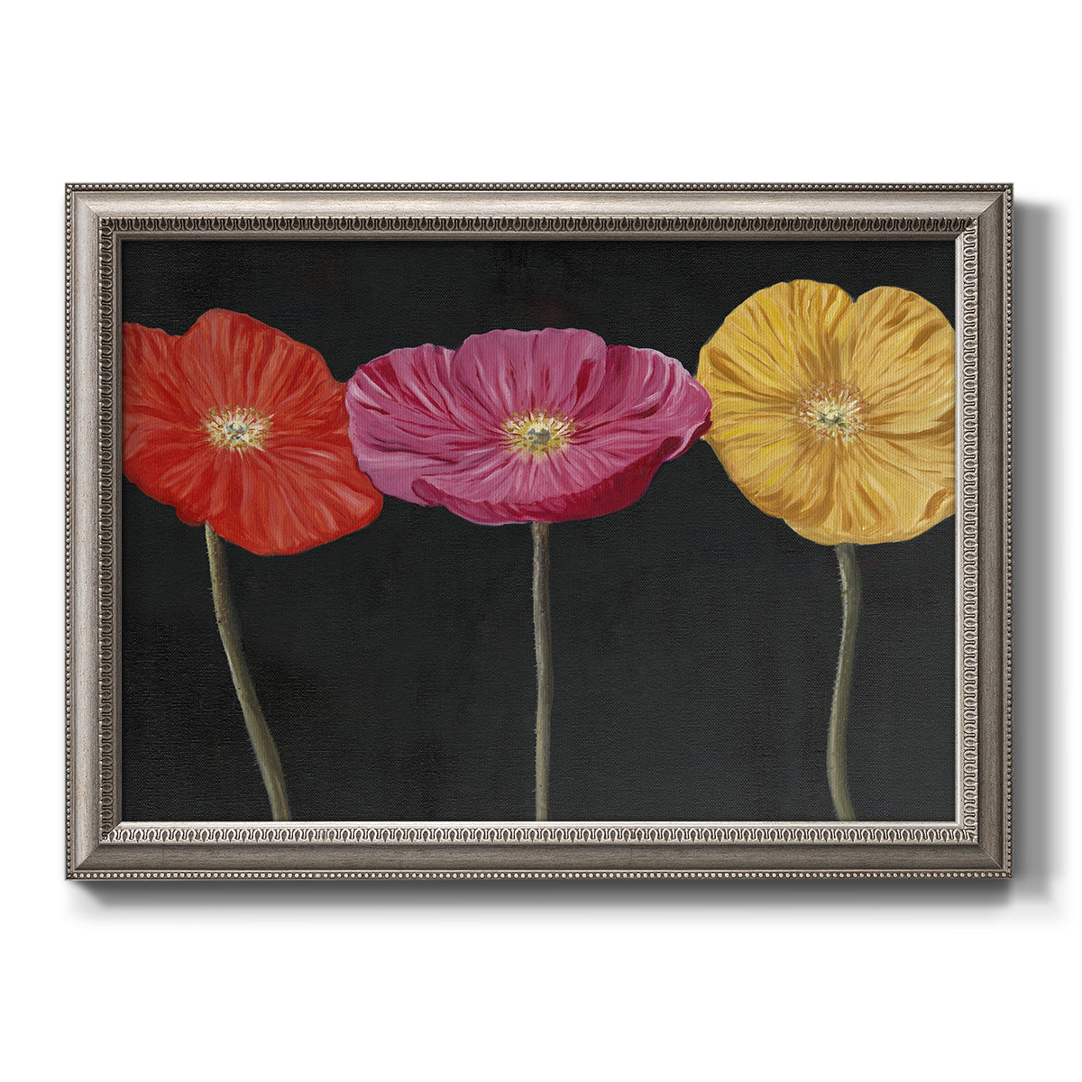 Contemporary poppy flower artwork printed on canvas in an ornate vintage silver frame.