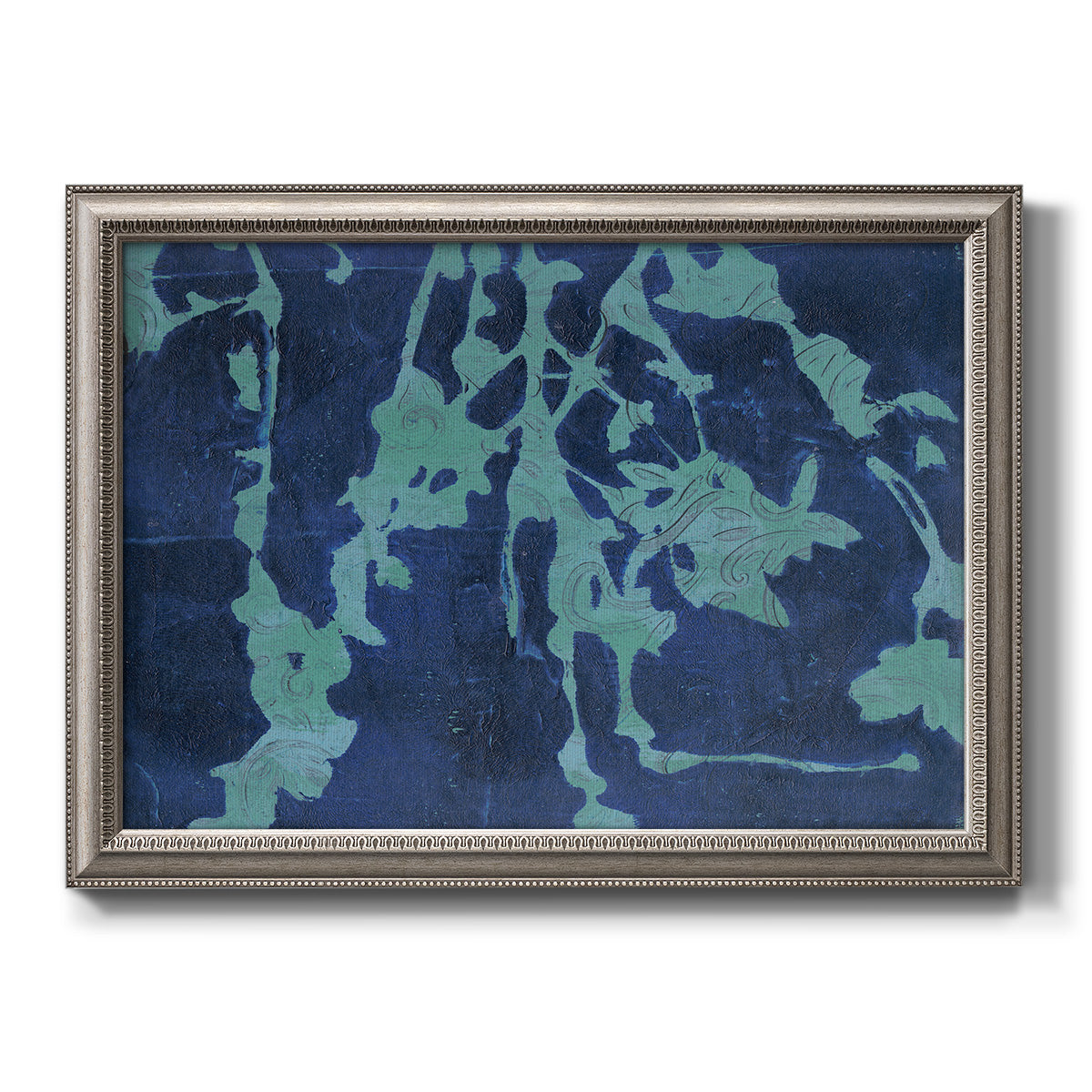 Industrial abstract botanical printed on canvas in an ornate vintage silver frame.