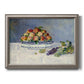 Impressionist still life painting with peaches and grapes printed on canvas in an ornate vintage silver frame.