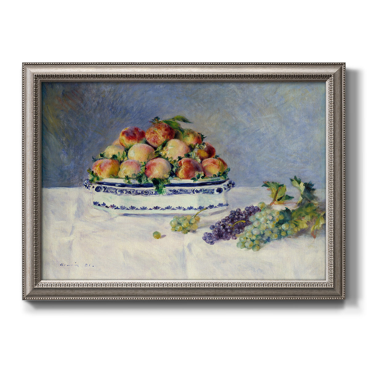 Impressionist still life painting with peaches and grapes printed on canvas in an ornate vintage silver frame.