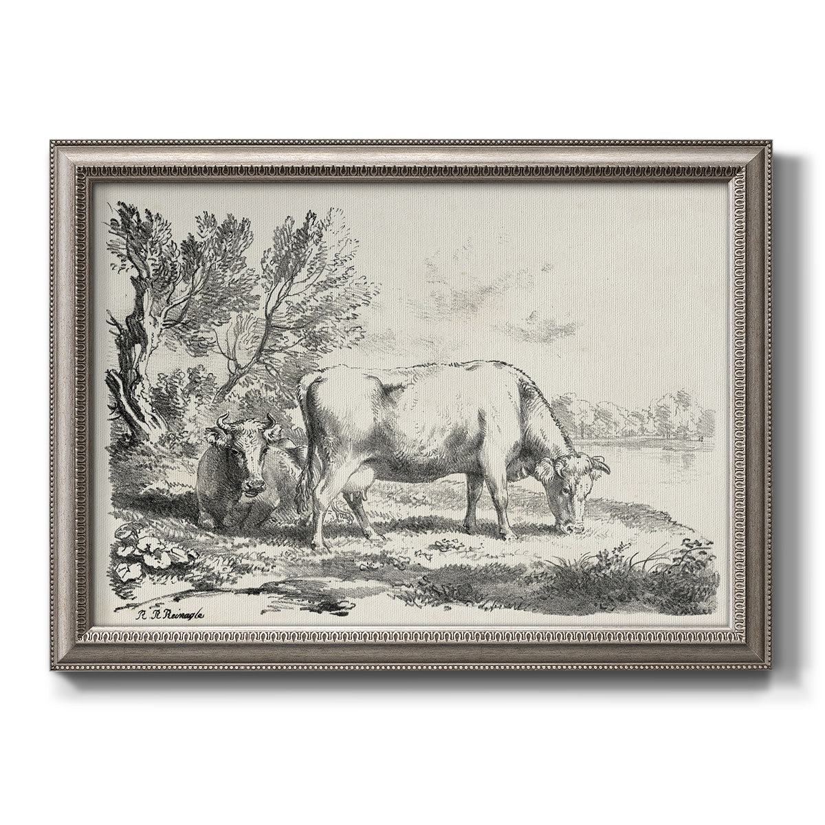 Traditional rural landscape scene by Nicolas Berchem printed on canvas in an ornate vintage silver frame.