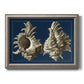 Vintage nautical conch shell artwork on navy background printed on canvas in an ornate vintage silver frame.