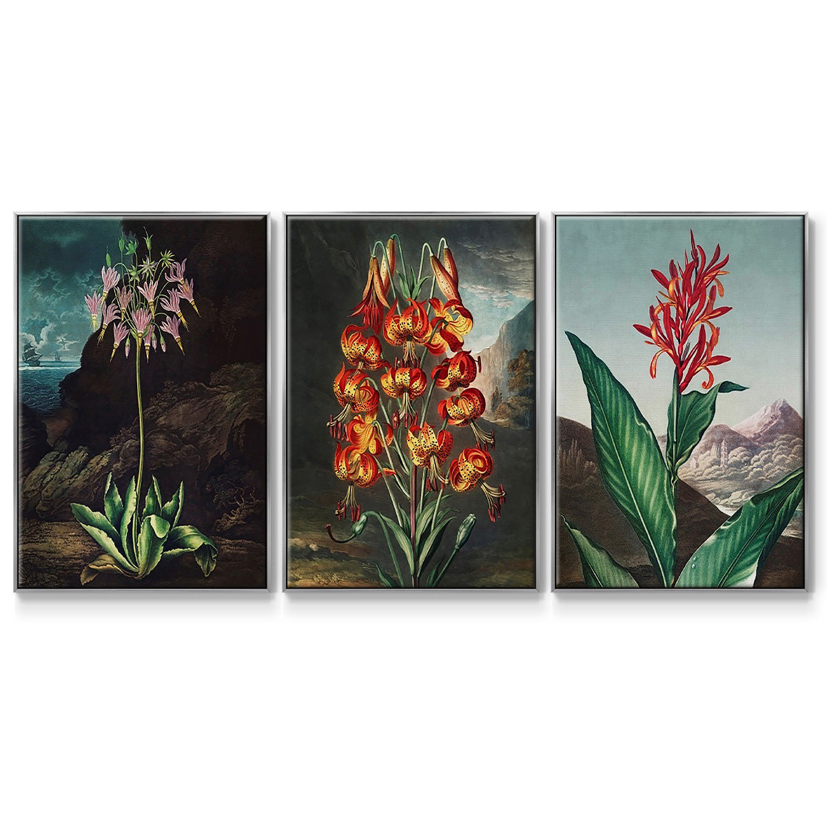 Temple of Flora I - Framed Premium Gallery Wrapped Canvas L Frame 3 Piece Set - Ready to Hang