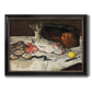 Impressionist still life painting of fish by Édouard Manet printed on canvas in an ornate black frame with gilded inner detail.
