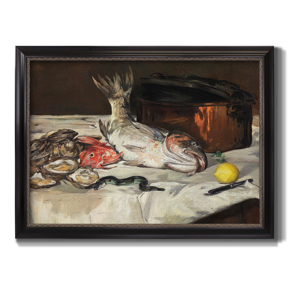 Impressionist still life painting of fish by Édouard Manet printed on canvas in an ornate black frame with gilded inner detail.