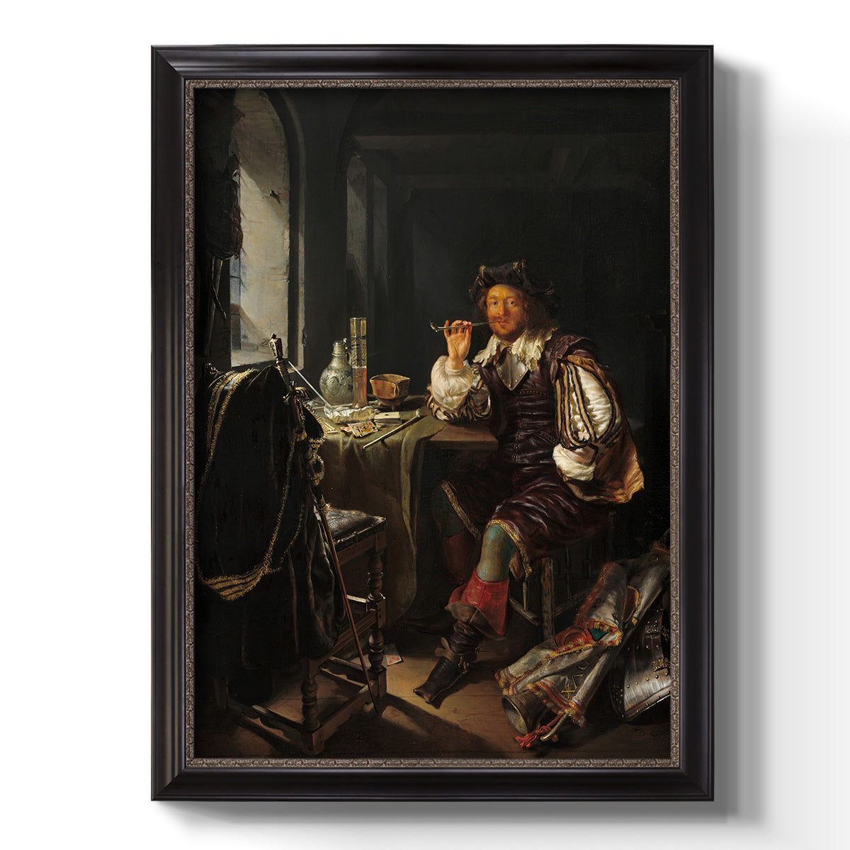 Classical portrait of a soldier smoking a pipe by Frans van Mieris the Elder printed on canvas in an ornate bronzed mahogany wood frame with a vertical orientation.