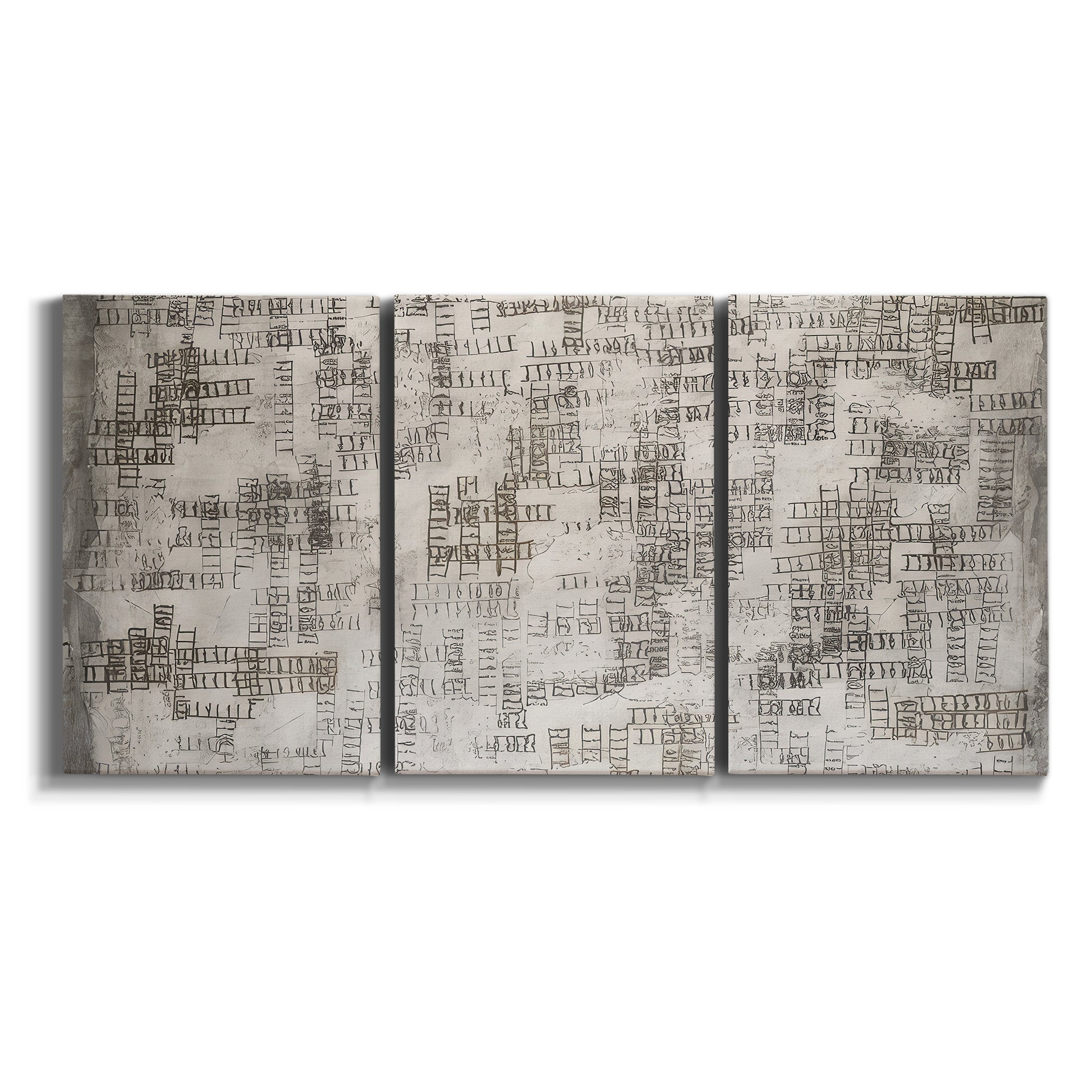 Three-panel canvas wall art featuring grid based geometric abstraction on white background.