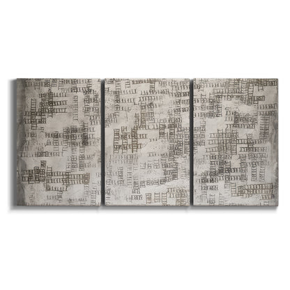Three-panel canvas wall art featuring grid based geometric abstraction on white background.