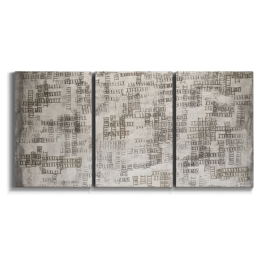 Three-panel canvas wall art featuring grid based geometric abstraction on white background.
