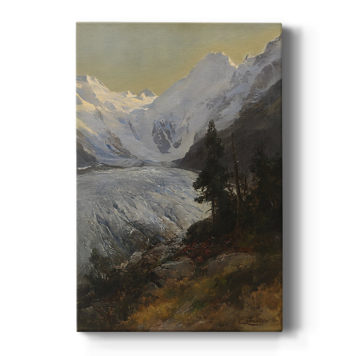 Canvas art print featuring a realistic mountain landscape with a glacier and distant alpine peaks on a clean white background.