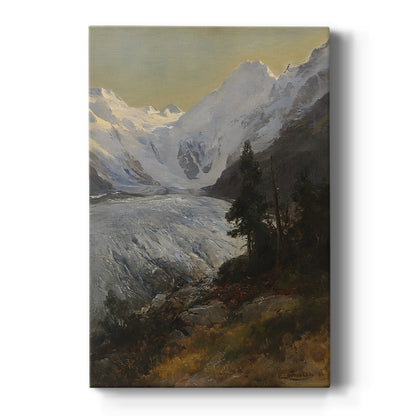 Canvas art print featuring a realistic mountain landscape with a glacier and distant alpine peaks on a clean white background.