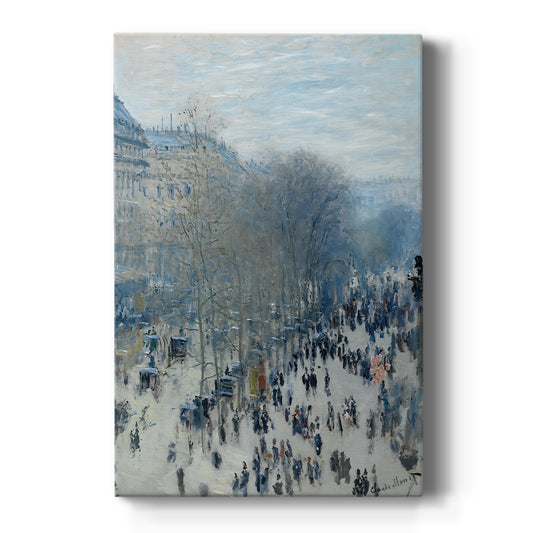 Canvas art print featuring an impressionist city scene with a busy boulevard and soft atmospheric light on a clean white background.