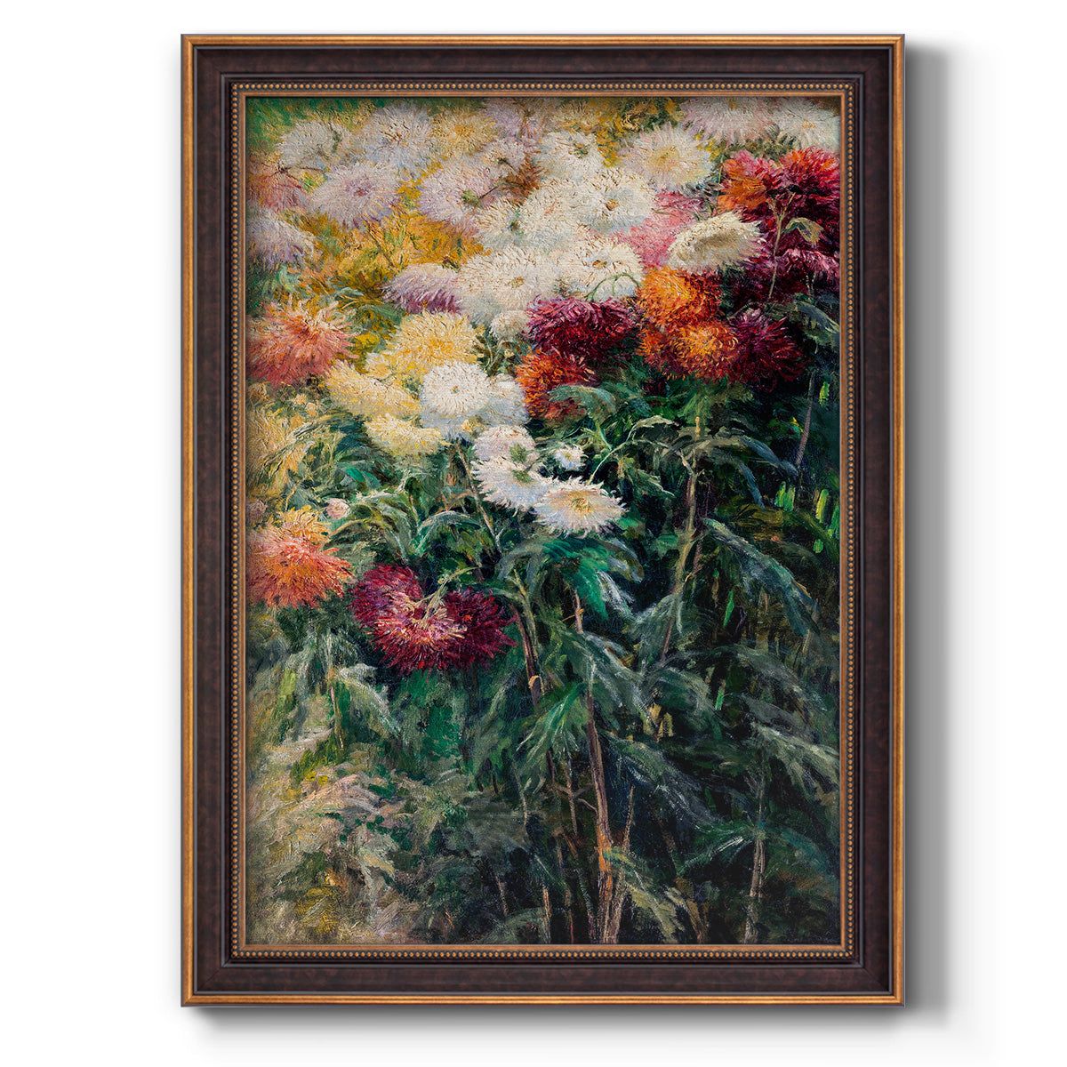 Impressionist garden floral painting by Gustave Caillebotte printed on canvas in an ornate weathered white frame with a vertical orientation.