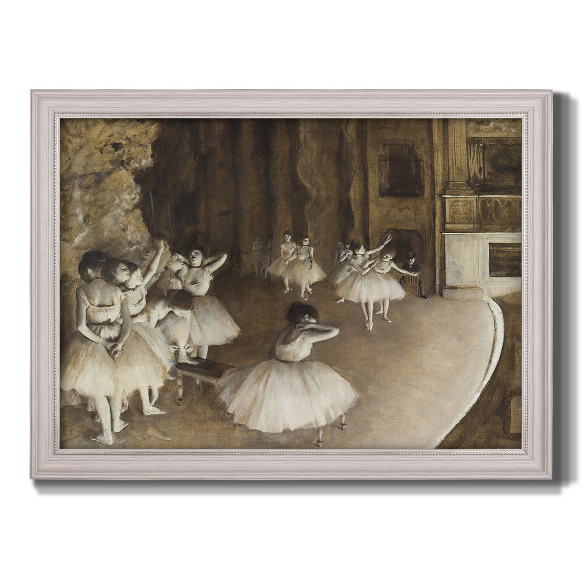 Impressionist ballet rehearsal scene by Edgar Degas printed on canvas in an ornate weathered white frame.