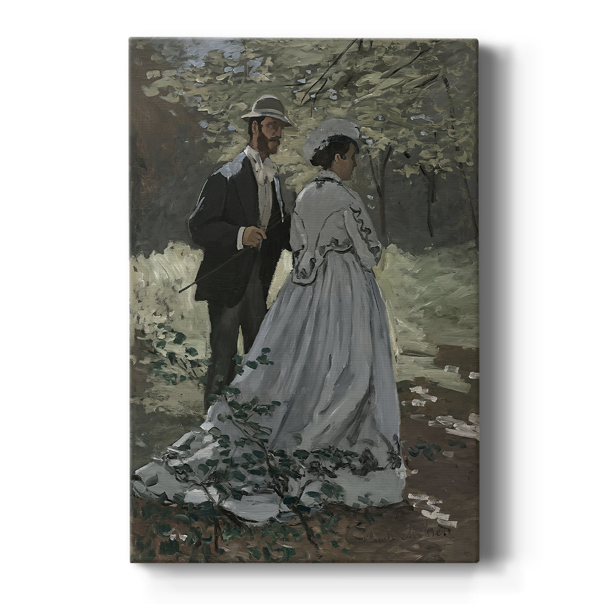 Canvas art print featuring an impressionist scene of two figures standing together in a garden setting on a clean white background.