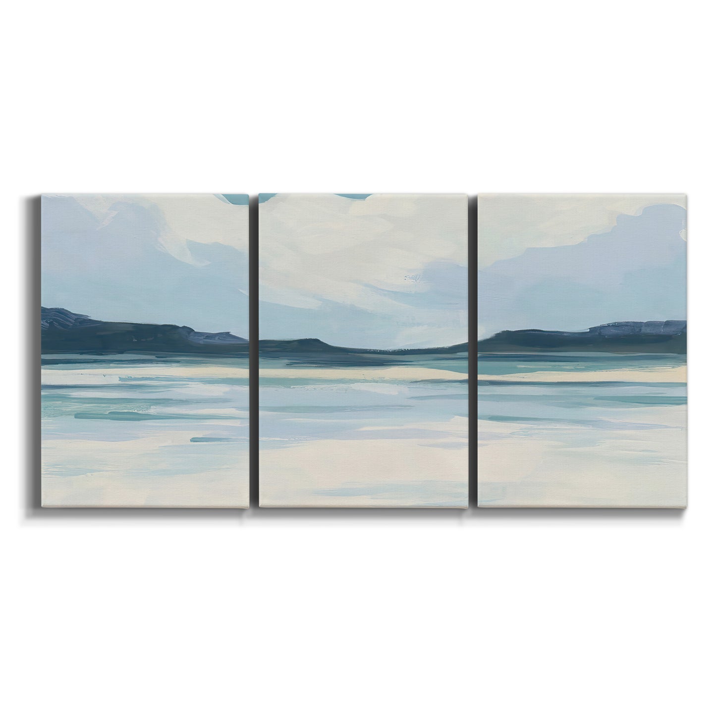Three-panel canvas wall art featuring soft coastal shoreline landscape on white background.