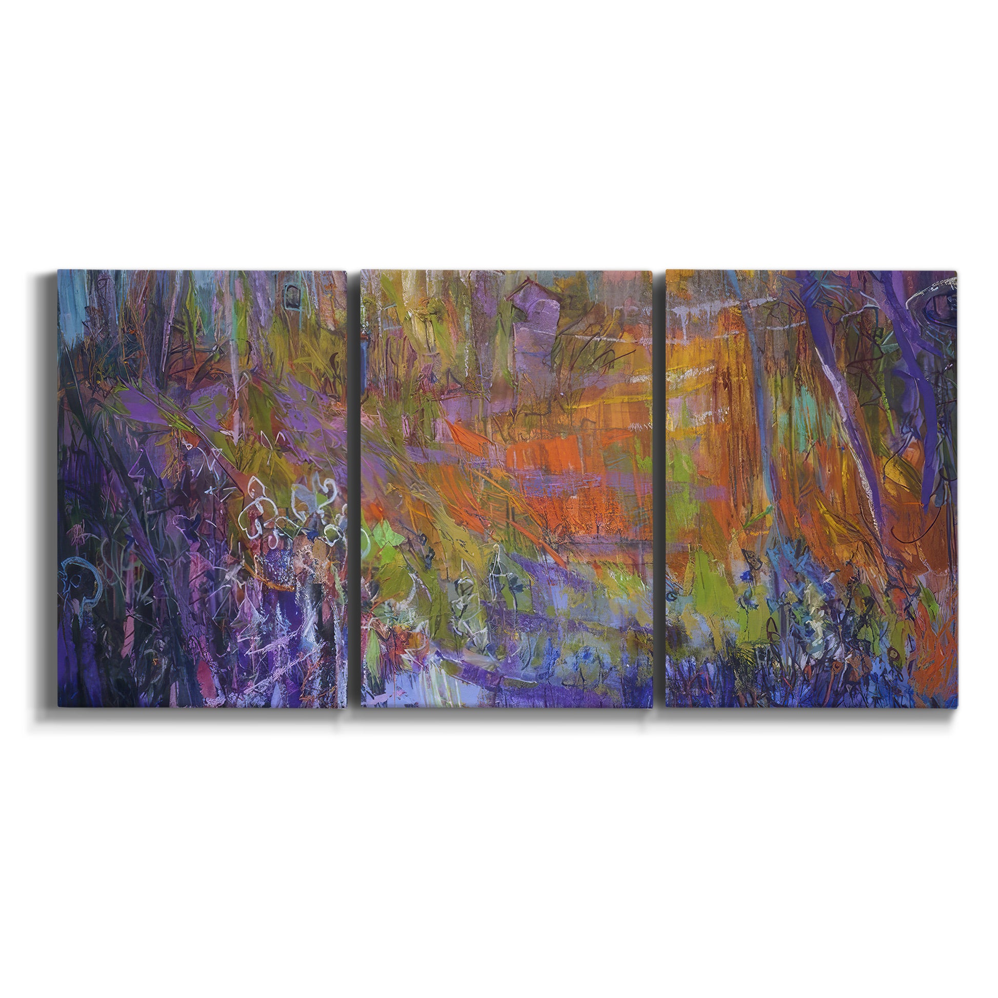 Three-panel canvas wall art featuring abstract rainfall with butterfly forms on white background.