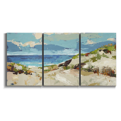 Three-panel canvas wall art featuring sand dunes beside open water on white background.