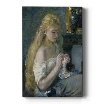 Canvas art print featuring an impressionist portrait of a woman crocheting in a quiet interior setting on a clean white background.