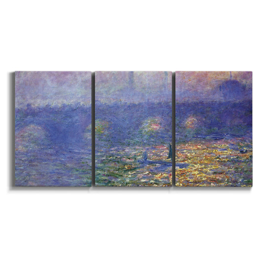 Three-panel canvas wall art featuring overcast bridge above river on white background.