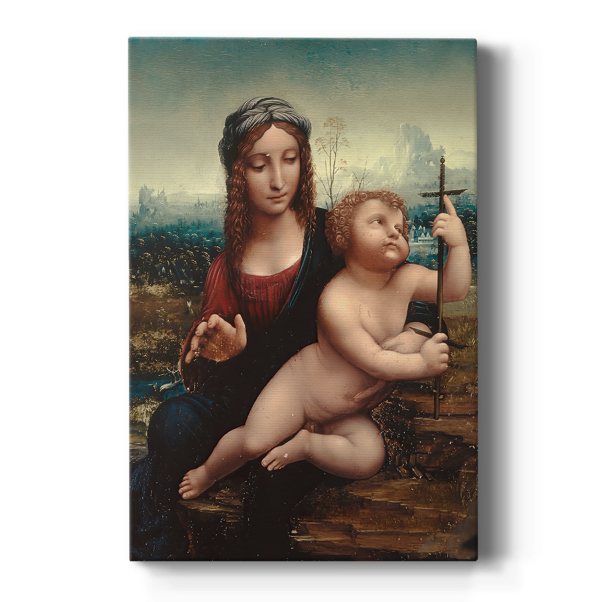 Canvas art print featuring a Renaissance scene of a child holding a yarnwinder with soft natural tones on a clean white background.