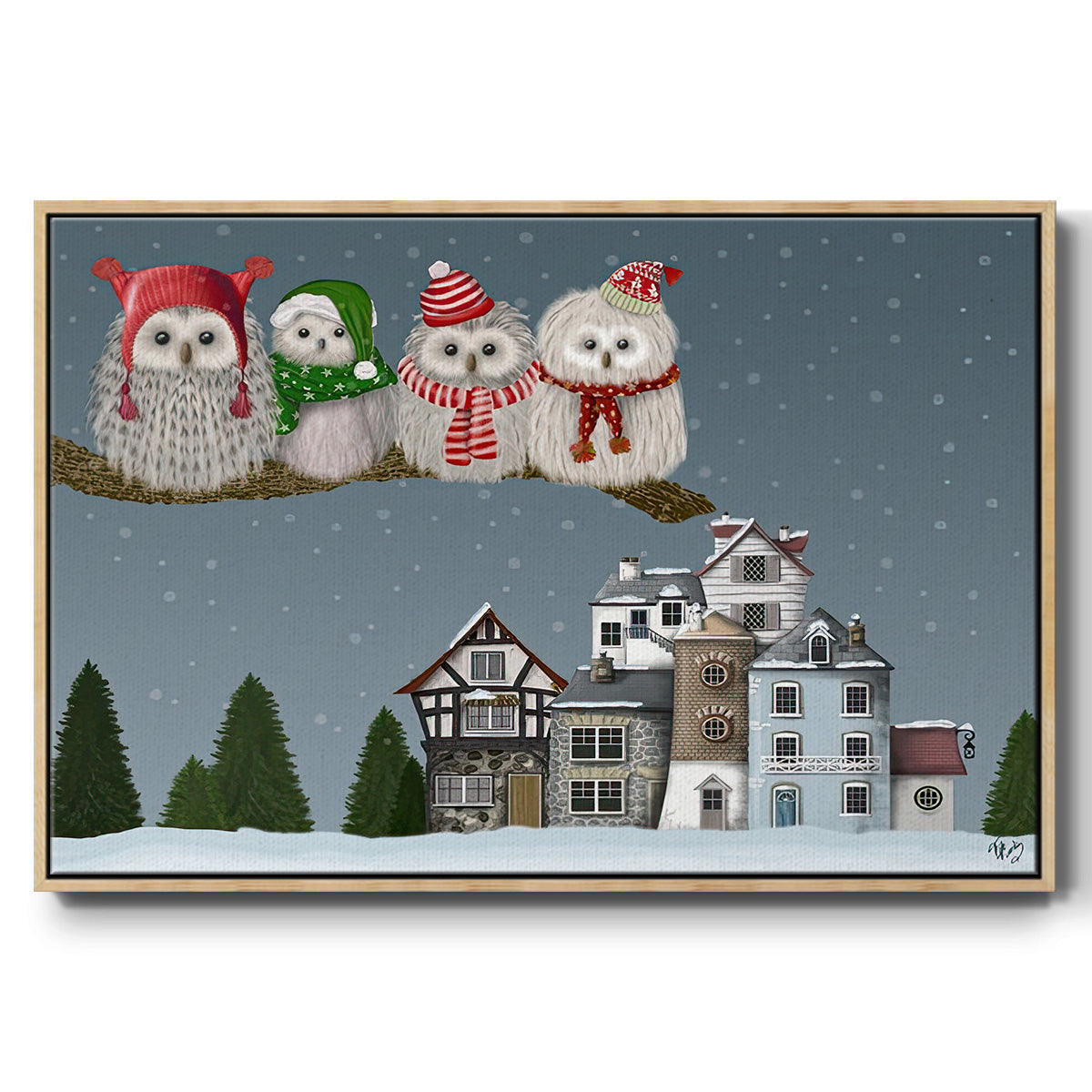 Christmas Christmas Owl Village - Framed Gallery Wrapped Canvas in Floating Frame