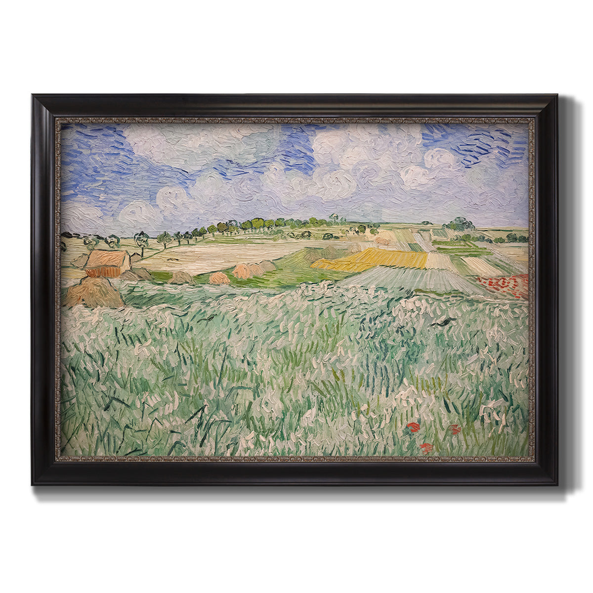Impressionist countryside landscape near Auvers by Vincent van Gogh printed on canvas in an ornate black frame with gilded inner detail.
