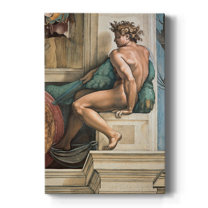 Canvas art print featuring a Renaissance figure study of a nude male with strong anatomy and pose on a clean white background.