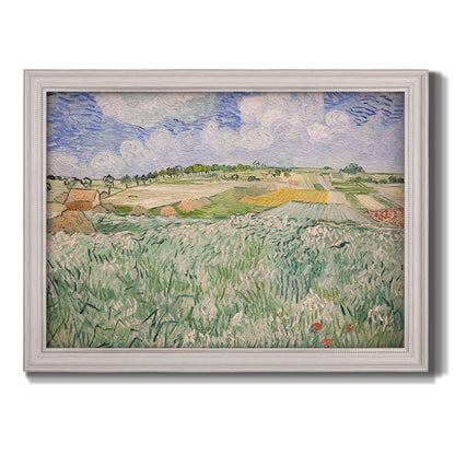 Impressionist countryside landscape near Auvers by Vincent van Gogh printed on canvas in an ornate weathered white frame.
