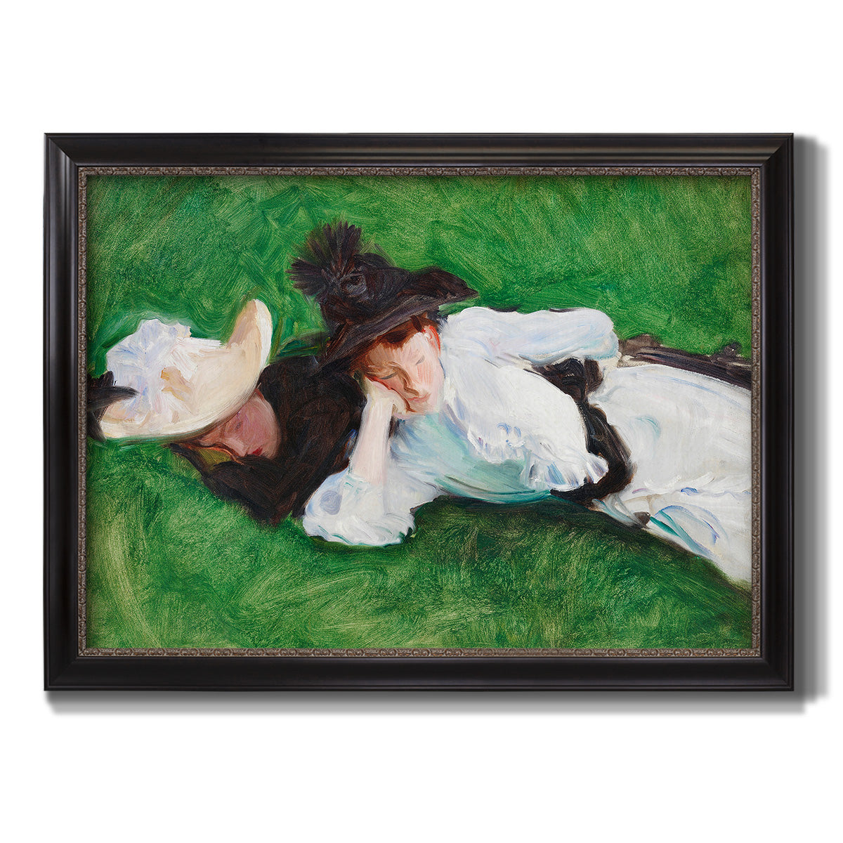 Impressionist outdoor portrait of two girls by John Singer Sargent printed on canvas in an ornate black frame with gilded inner detail.