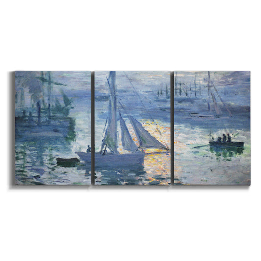 Three-panel canvas wall art featuring sailboats racing on river on white background.