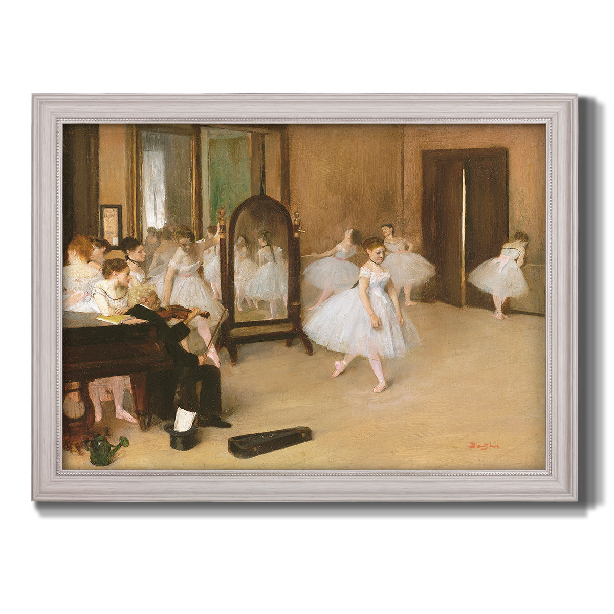 Impressionist dance class interior scene by Edgar Degas printed on canvas in an ornate weathered white frame.