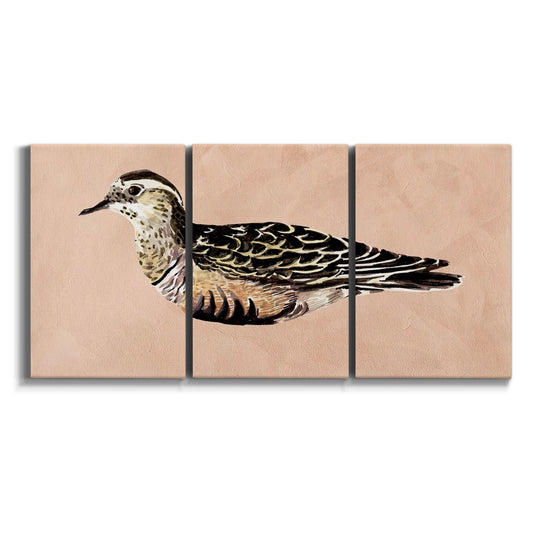 Three-panel canvas wall art featuring coastal bird illustration on white background.